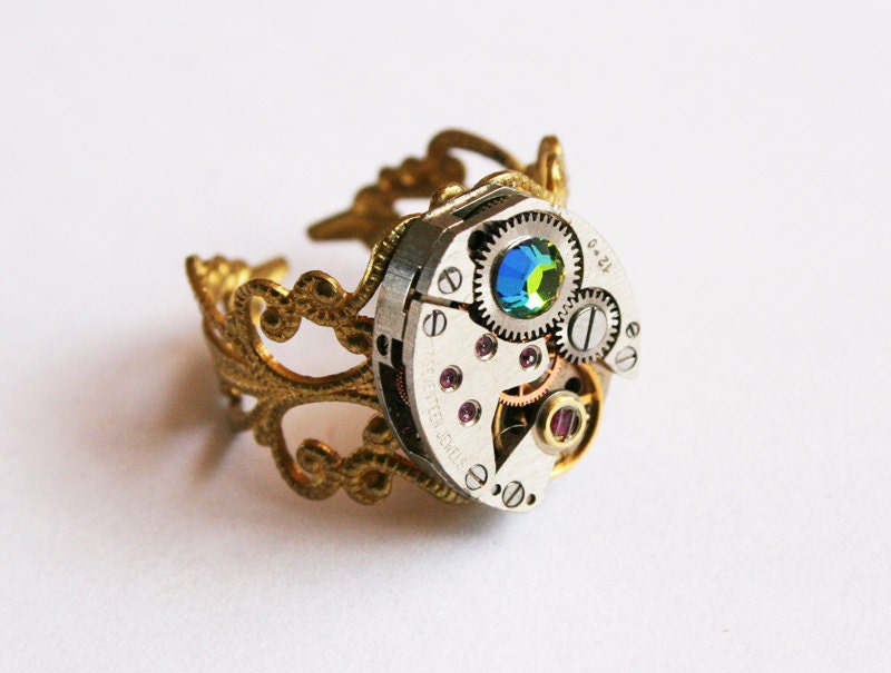 Steampunk Ring on a Filigree Brass Adjustable Ring Base With a Swarovski Crystal