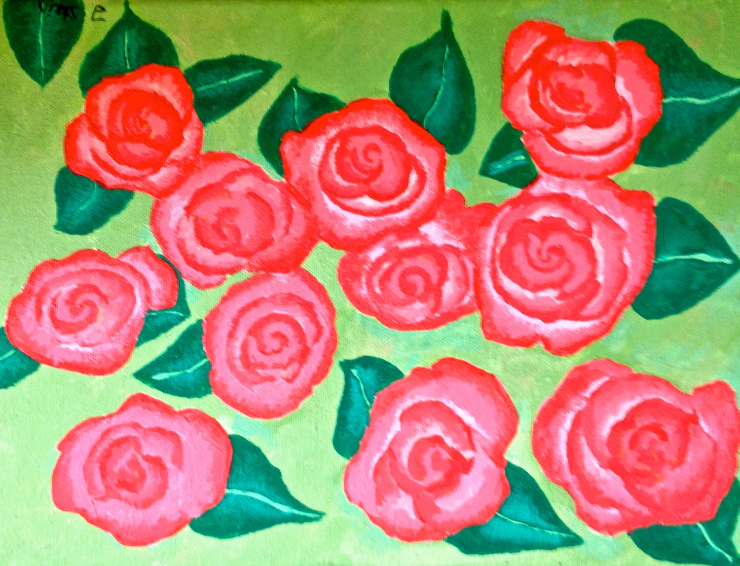 Acrylic painting- Pink roses with green background, 9x12 canvas