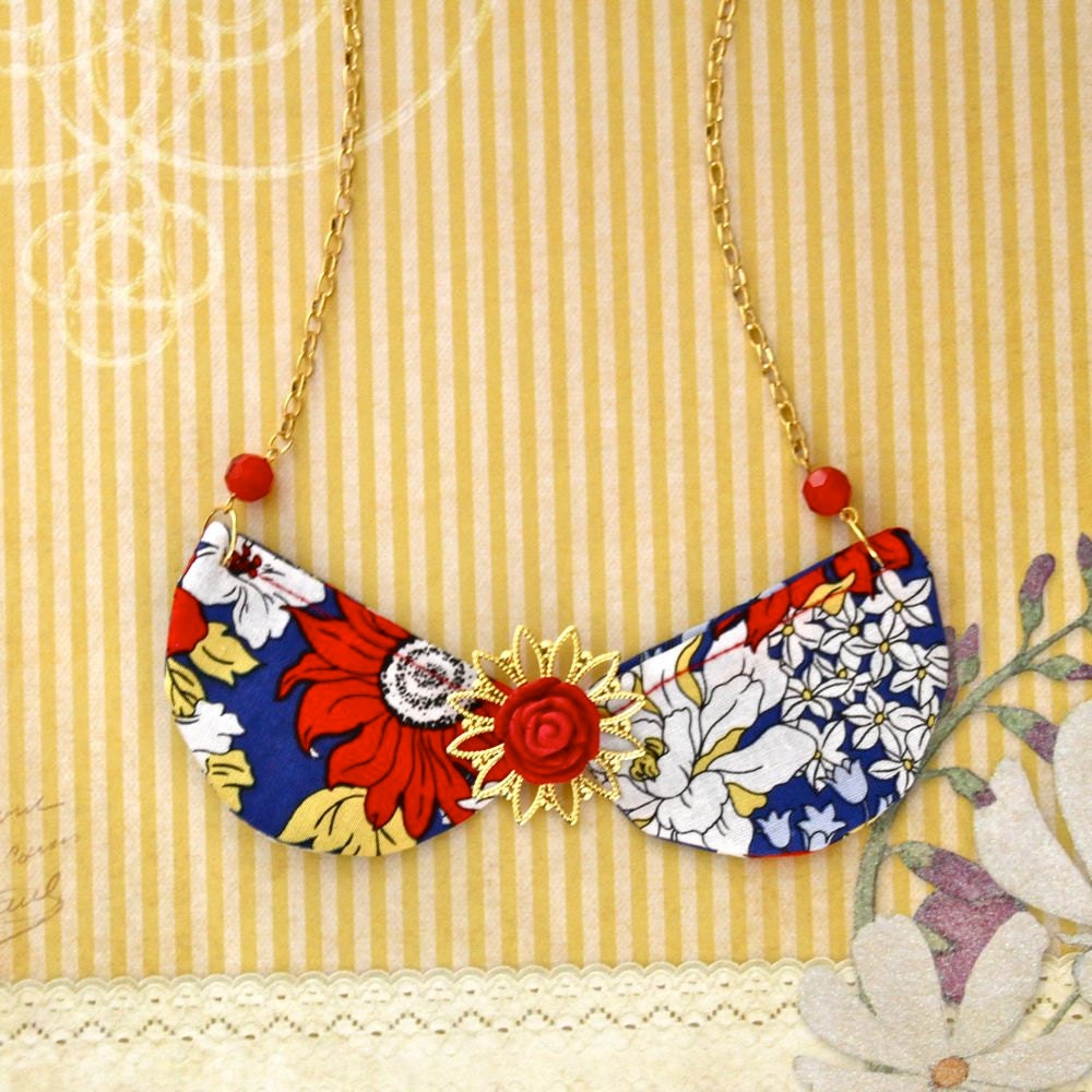 Floral Necklace Fabric Necklace Statement Necklace Peter Pan Collar Necklace Bib FNecklace Textile Jewelry Blue Necklace