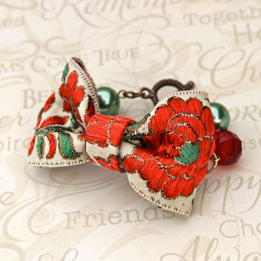 Red Flower Bracelet Beaded Pearl Bracelet Fabric Floral Bow Bracelet Ribbon Cuff Textile Statement Jewelry