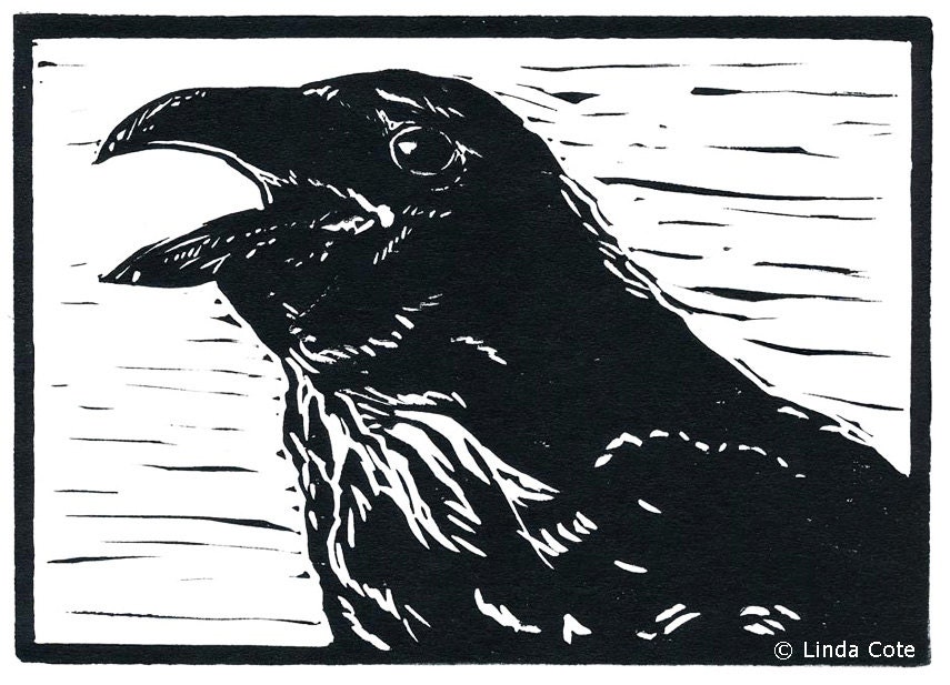 Laughing Raven, Linocut Relief Print, Hand Pulled Fine Art, Limited Edition, Printmaking Original