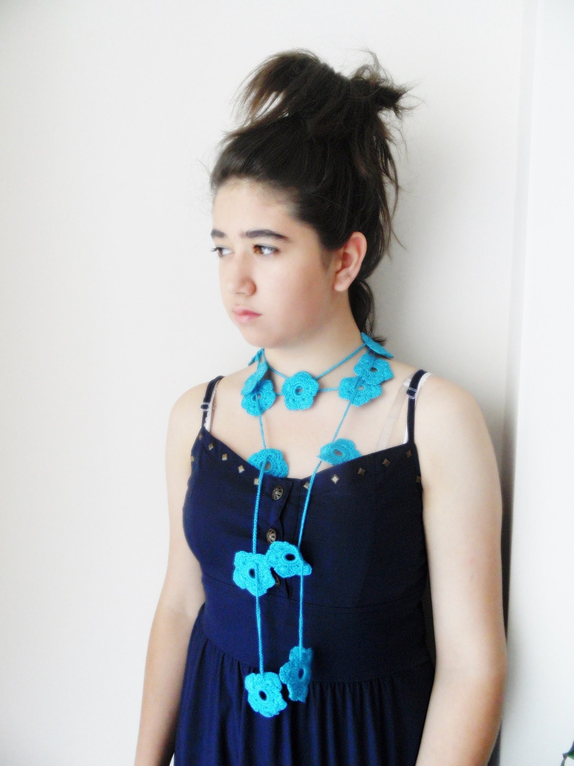 Lariat scarf, Handmade scarf with flowers. new fashion, blue, home decor, spring trend, women accessories, mom gifts jewelry,   necklace