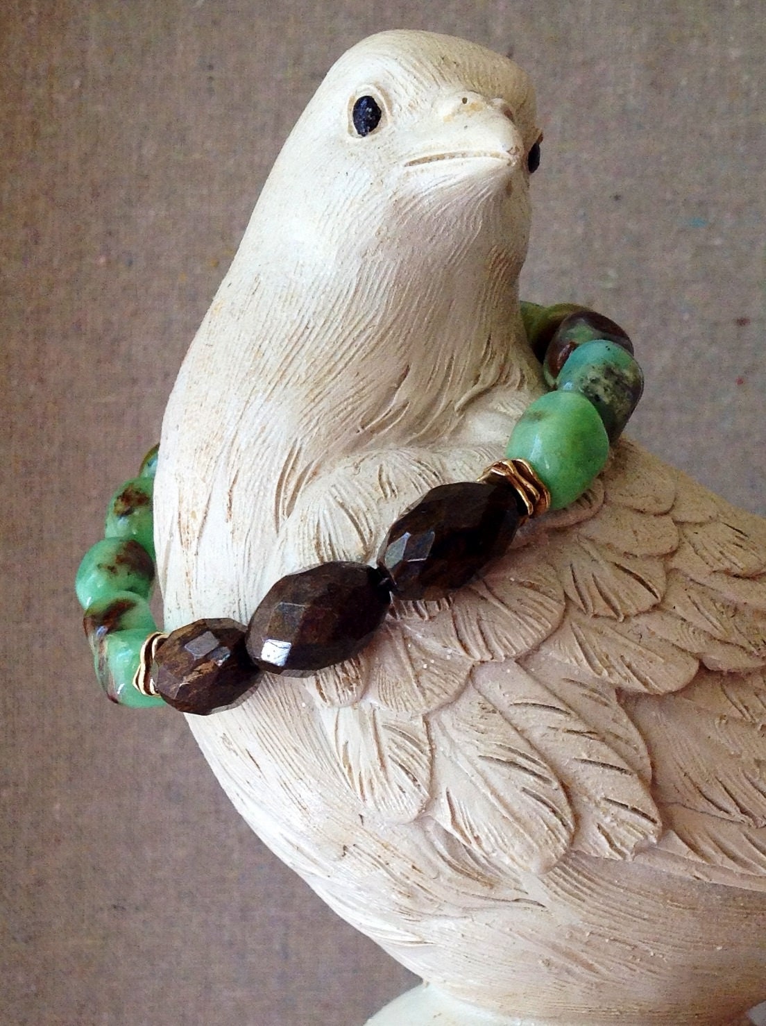 Bracelet with Green Chrysoprase Nuggets, Brown Faceted Bronzite and Hill Tribe Accent Beads