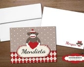 Personalized Stationery Note Card Set "Sock Monkey" with size A2 White Envelopes or Printable PDF digital files