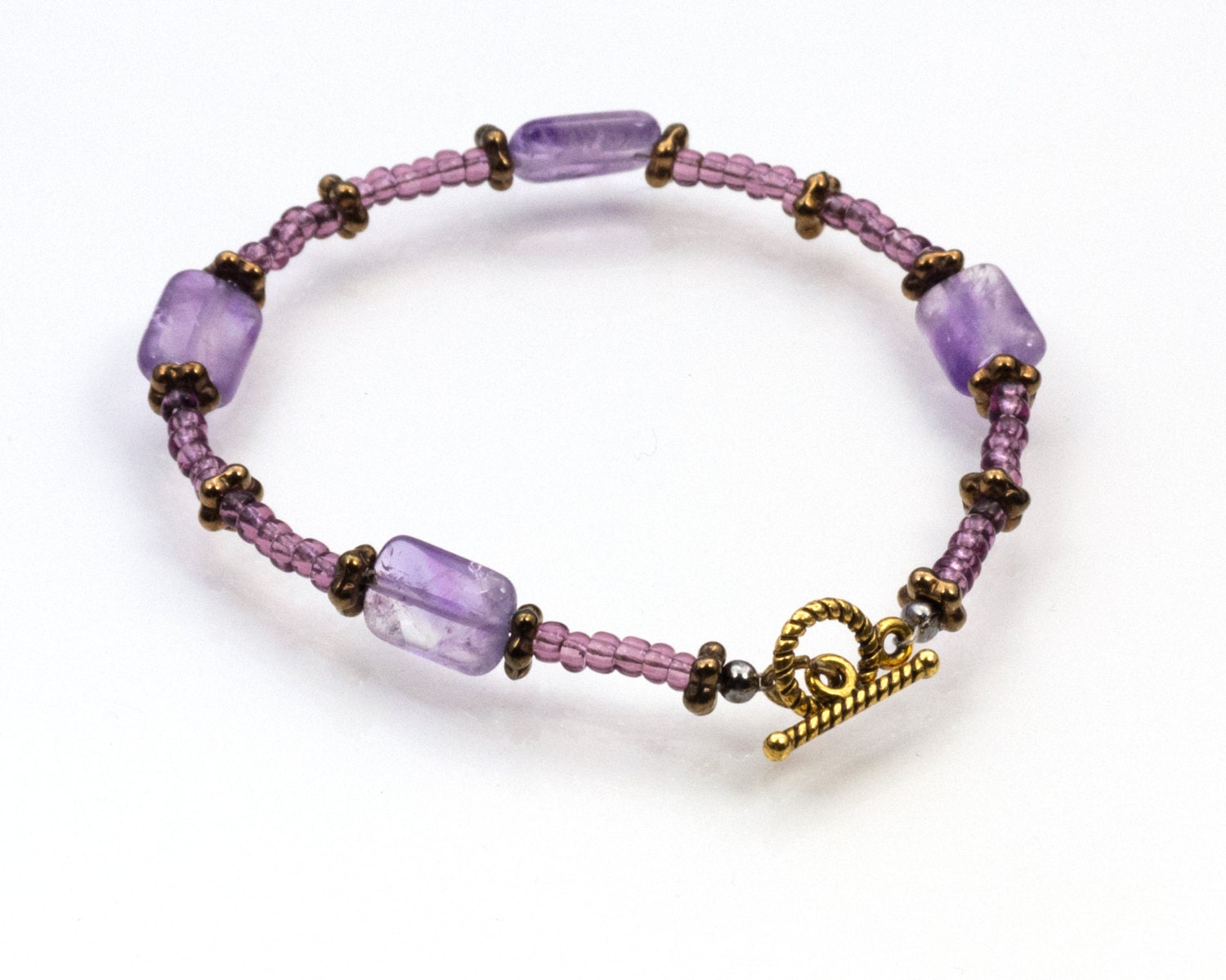 Handmade Amethyst Bracelet, Hand Beaded With Decorative Toggle Clasp