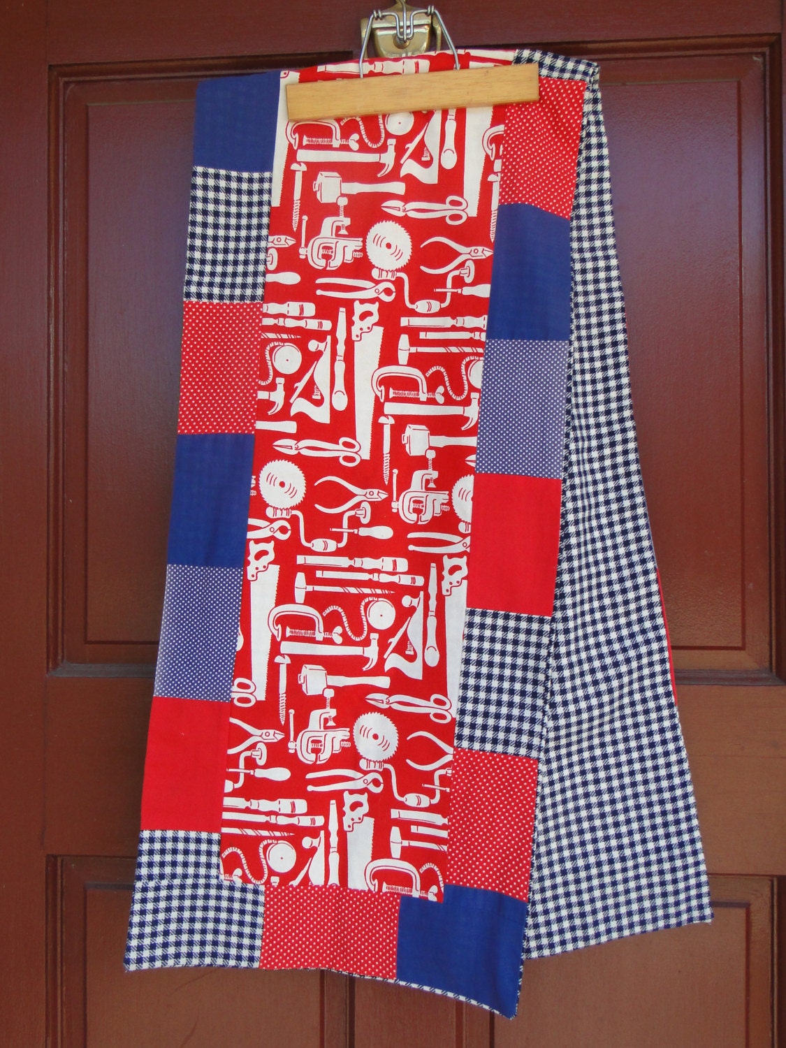 OOAK - Vintage Handmade Table Runner - Tool Carpenter Polka Dots Gingham Check Red White and Blue