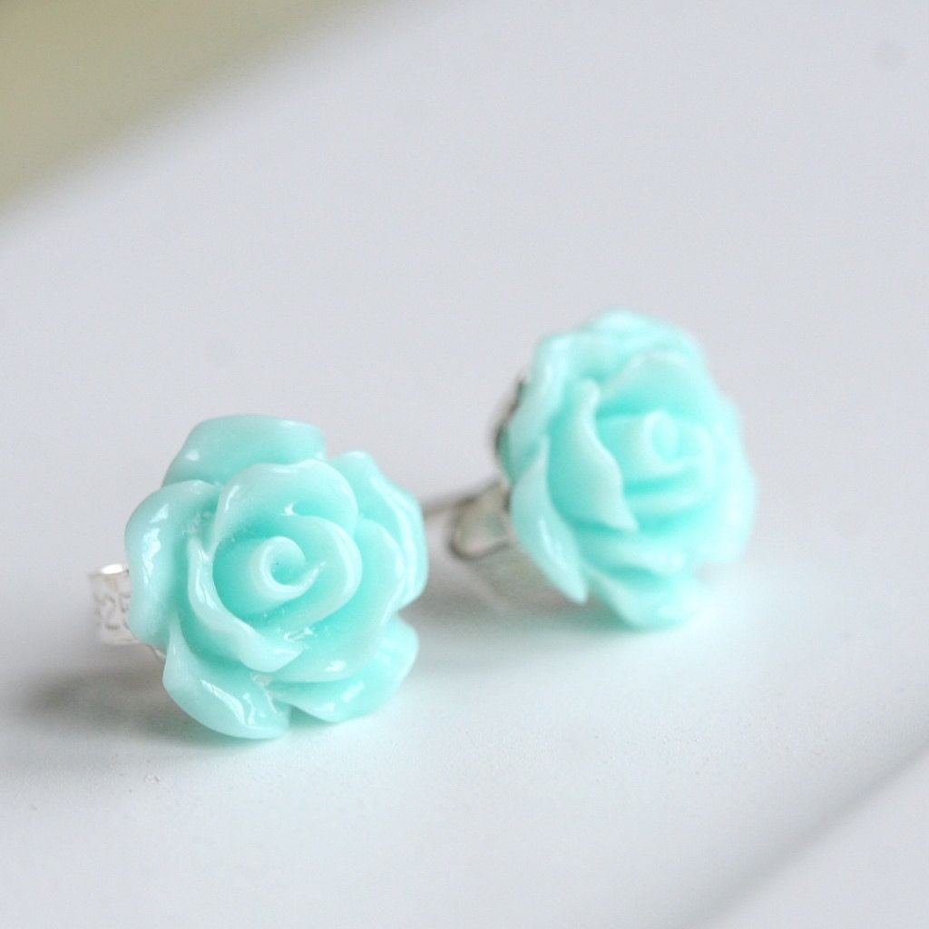 Handmade flower earrings, sterling silver, eggshell blue, aqua blue, resin rose cabochon, flower studs, post earring, Petite Mimi Jewelry