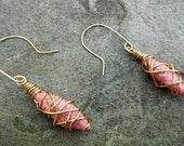 Copper Wire Wrapped Antique Pink Turquoise Earrings - small pink earrings, dainty copper wire earrings, wire wrapped jewelry handmade