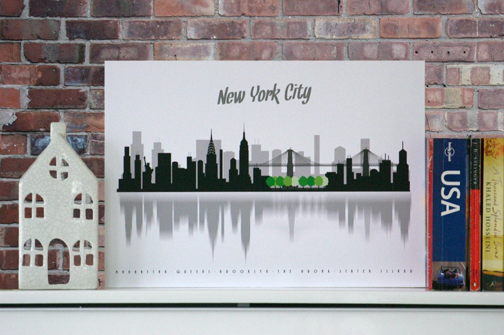 Minimalist NEW YORK City poster, city scape, wall decor, poster, New York boroughs, typography, A3, Central Park, nyc