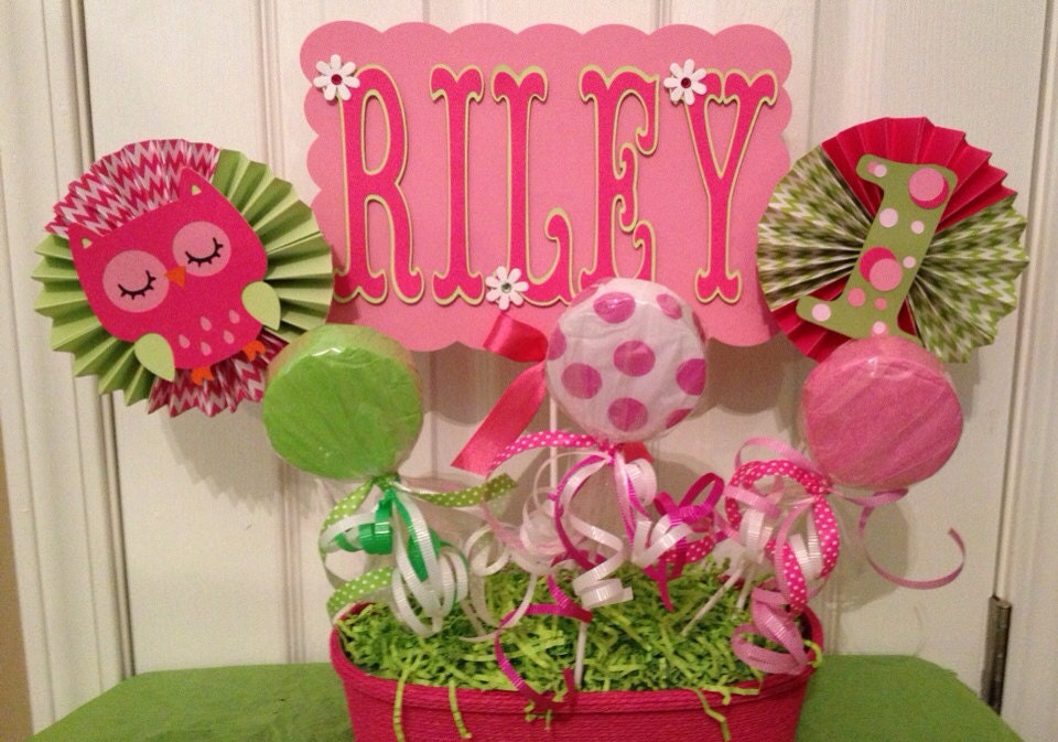 Hot pink/ lime green Owl, lollipop and monogrammed name centerpiece, owl birthday party, lollipop birthday