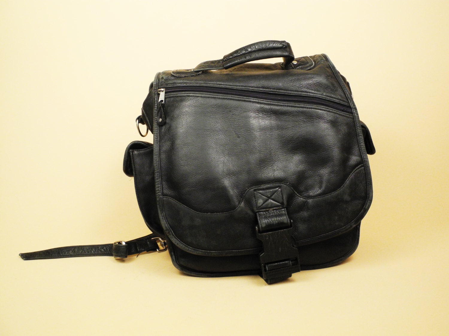 Vintage HUGE Distressed Black Leather 1990's Backpack Back Pack Shoulder Bag