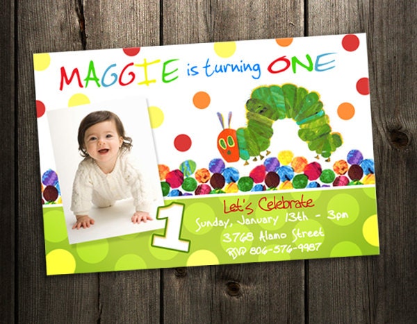 Very Hungry Caterpillar birthday invitation party invites photo printable - custom first 1st baby shower cards digital file