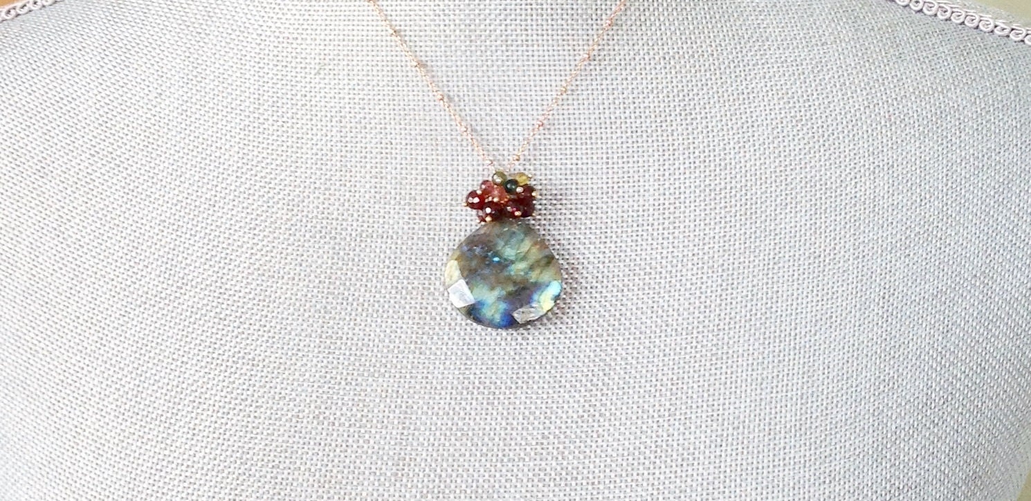 Rose Gold Necklace with Garnet and Tourmaline Cluster with Labradorite Pendant UBN-107B
