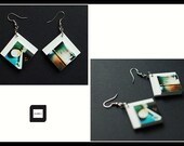 Minimalistic, abstract, geometric, white, green, blue, handmade, statement, drop earrings - with color photo