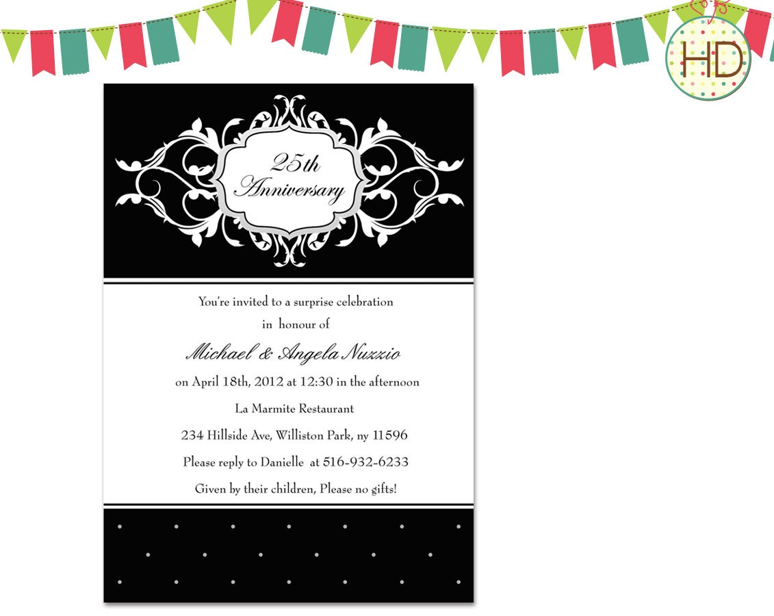 Anniversary Party Invitation, Dinner Party Invitation, Adult Birthday Invitation, Black and White Damask Invitation, Announcement