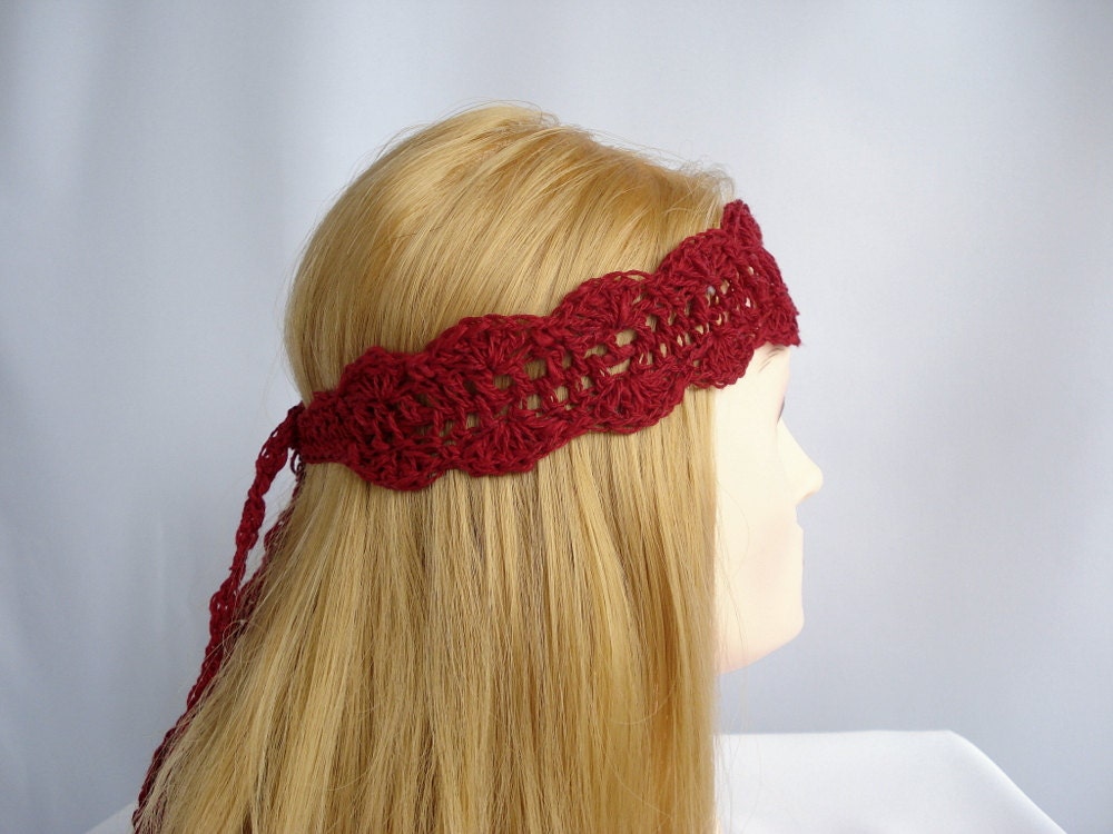 Crochet tie headband Burgundy cotton hairband Spring summer crocheted head band Bohemian boho hippie Women Girl hair accessory Ecofriendly