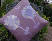 Handmade Linen Spring Flower Purple Applique Pillow Cushion Cover 16"x16" (indoor)
