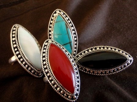 Sterling Silver Large Elipse Adjustable Size Ring, Set with Turquoise, White Mother of Pearl, Coral Red or Black Resin