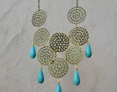 Beautiful, large, turquoise howlite stone drop bead necklace, antique bronze chain, antique bronze flower pendants, gold plated details