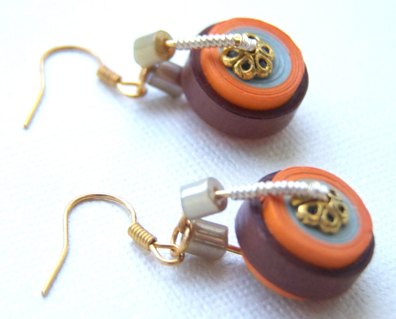 Round paper beads orange brown cream-colored onix silver French wire drop earrings handmade antique gold accesories TANGERINES