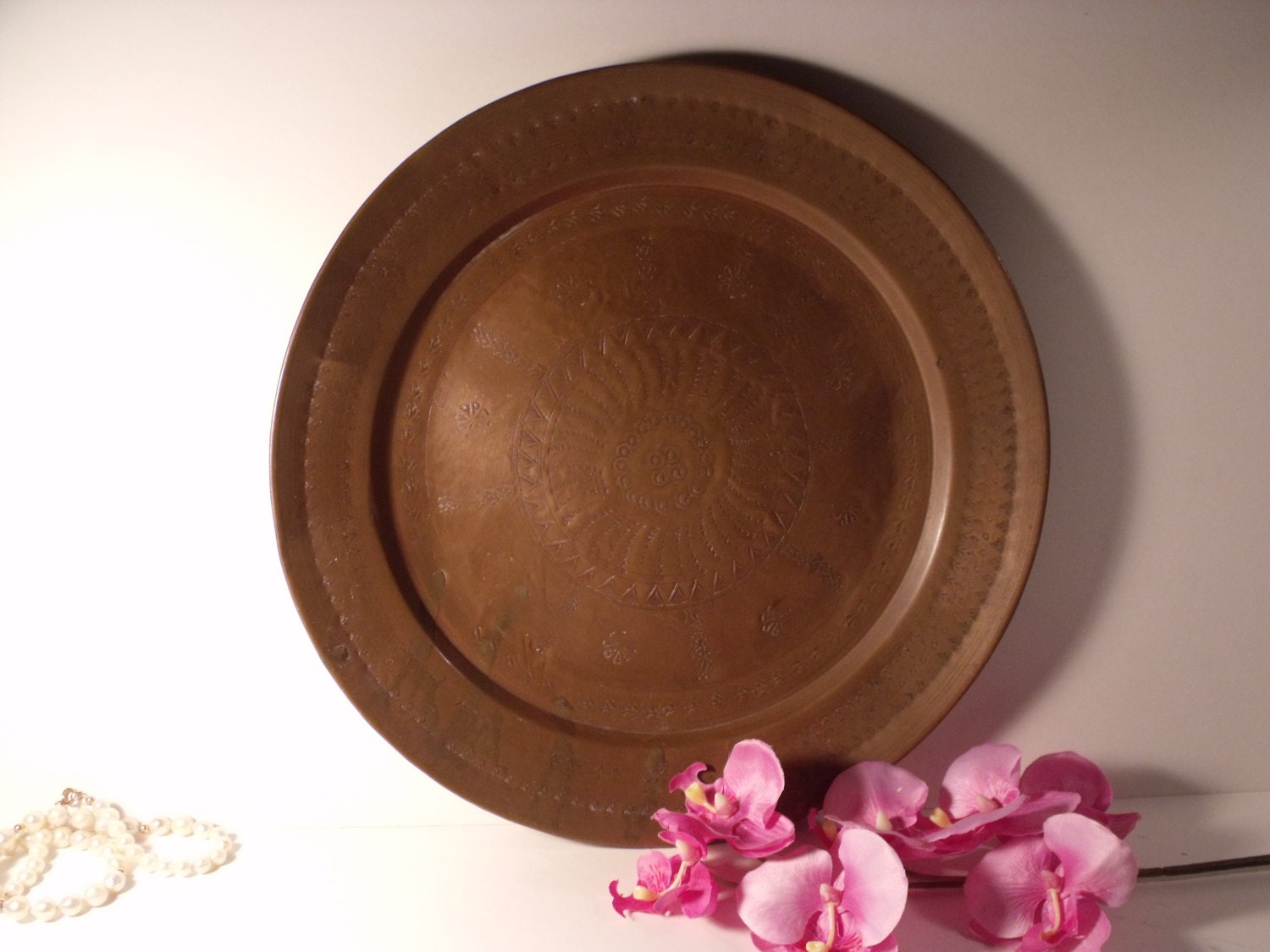 Vintage Party Tray - Indian  Brass copper plated Tray Tea Serving Tray,  Round Tray, Home Decor, Party Platter
