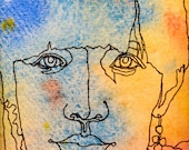 THE FASHION MODEL - An Original Artwork - Ink Drawing on Abstract Watercolor Painting - One Continuous Contour Line of a Face
