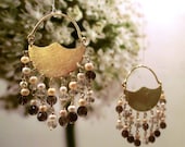 18 Kt yellow gold handmade pendant earrings with Smoky Quartz and Freshwater Pearls. Italian Jewelry