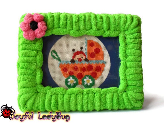 Framed, Small Counted Cross Stitch Picture, little ladybug in pram, soft, gentle, baby, green, birth present