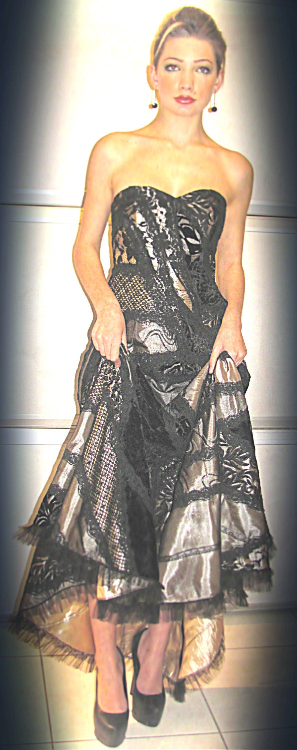Black long couture dress in silk chiffon lace and velvet patchwork strapless with beige taffeta lining