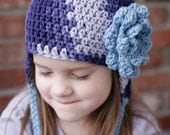 Girls Purple Hat/Beanie with Earflaps and Flower, Ready to Ship, Kids Hat, Baby Hat, Child Hat, Girl Hat, Purple, 2T-4T