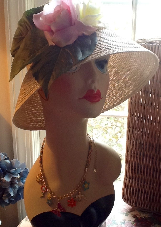 Beautiful spring or Easter hat.  Floral, Rose on cream color woven straw.