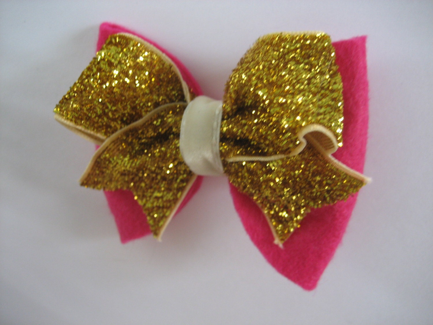 Hot Pink Felt Bow, Golden Glitter Ribbon, Cream Velvet, Hair Bow, Headband, Clip, Newborn, Toddler