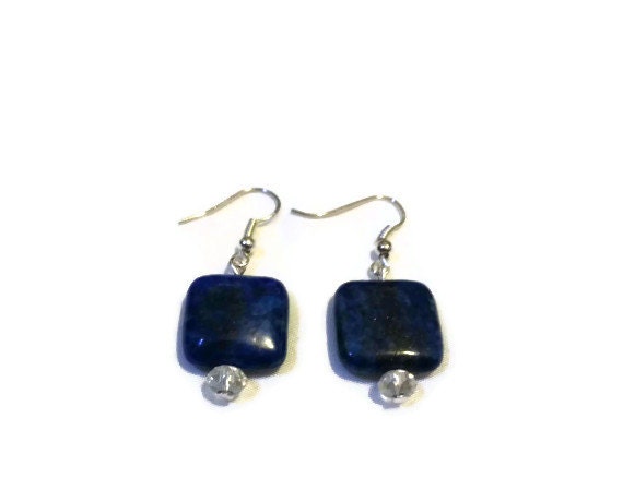 Lapis Lazuli and swarovski crystal rondelle dangle Earrings, very pretty in person