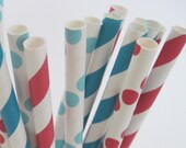 25 Dr Seuss Paper Straw Mix - Red, Aqua,Teal Stripe and Dots - ships less than 24 hours Il_170x135