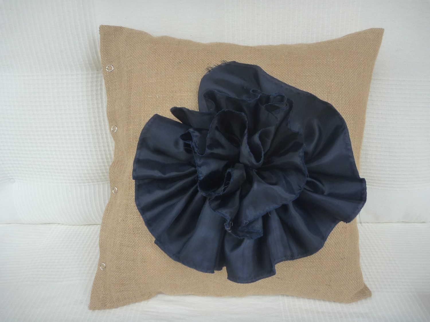 Hessian Flower Cushion Cover/Pillow Cover/Rose/Navy Blue/Beach Shack/Shabby Chic/Decorative Navy Flower/ Rustic/Cottage/Country/Handmade