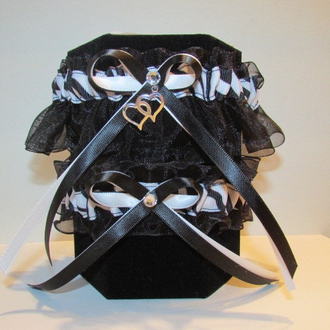 Zebra Garter Set Wedding Bridal Prom Sawrovski Rhinestone Silver Heart Charm 2 Piece Set