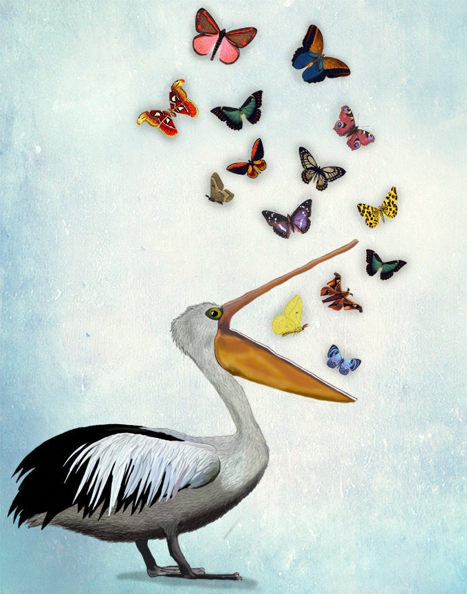 Pelican and Butterflies 8X10 Art Print, Acrylic Art Original Painting Print Mixed Media Wall Art, Wall Decor, Wall Hanging