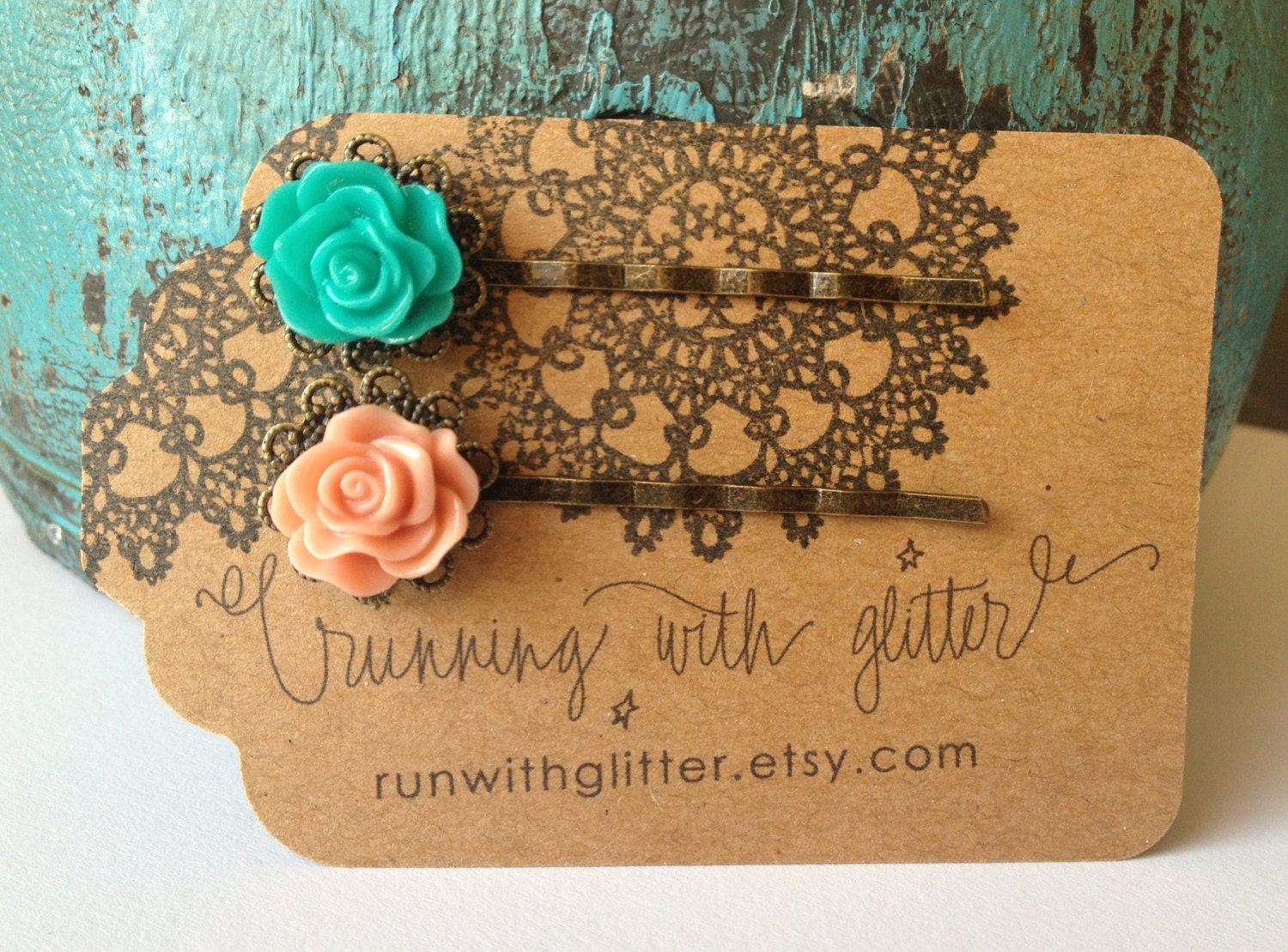 Teal and Peach Rose Bobby Pin Set