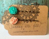 Teal and Peach Rose Bobby Pin Set