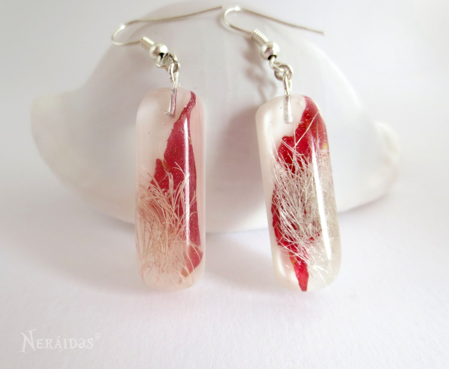 Botanical earrings, Real pressed leaf earrings, real plants, resin earrings, red white nature elegant romantic
