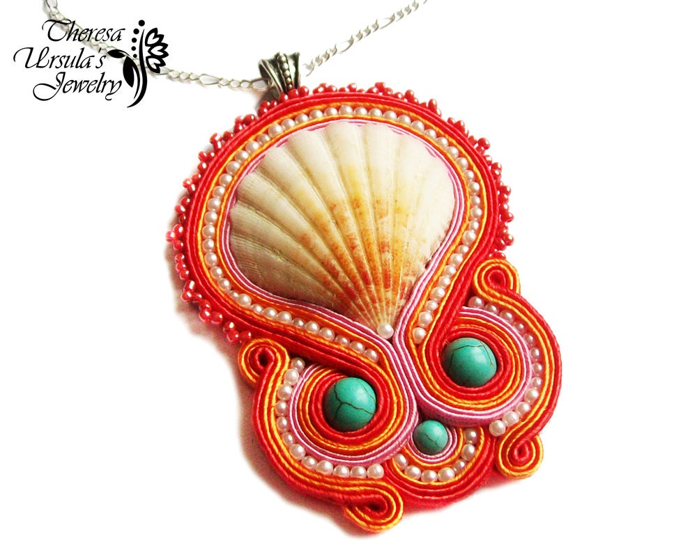 CORAL REEF beautiful soutache seashell necklace OOAK for her under 40