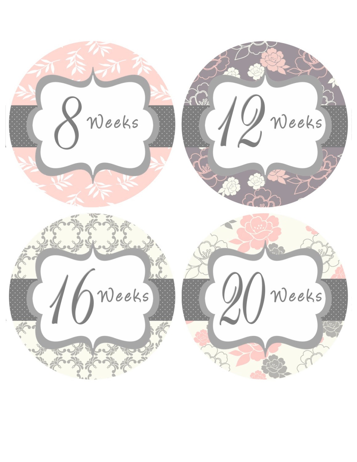 Weekly Pregnancy Stickers Belly Bump Stickers Week Baby Stickers Pink Grey Floral Maternity Pregnant Expectant New Moms Photo Prop - Mary-R