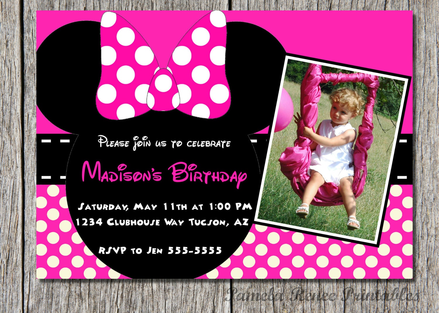 Personalized Minnie Mouse Inspired Printable Invitation with Photo/ 5x7 or 4x6 / Pink and Black with Polka Dots