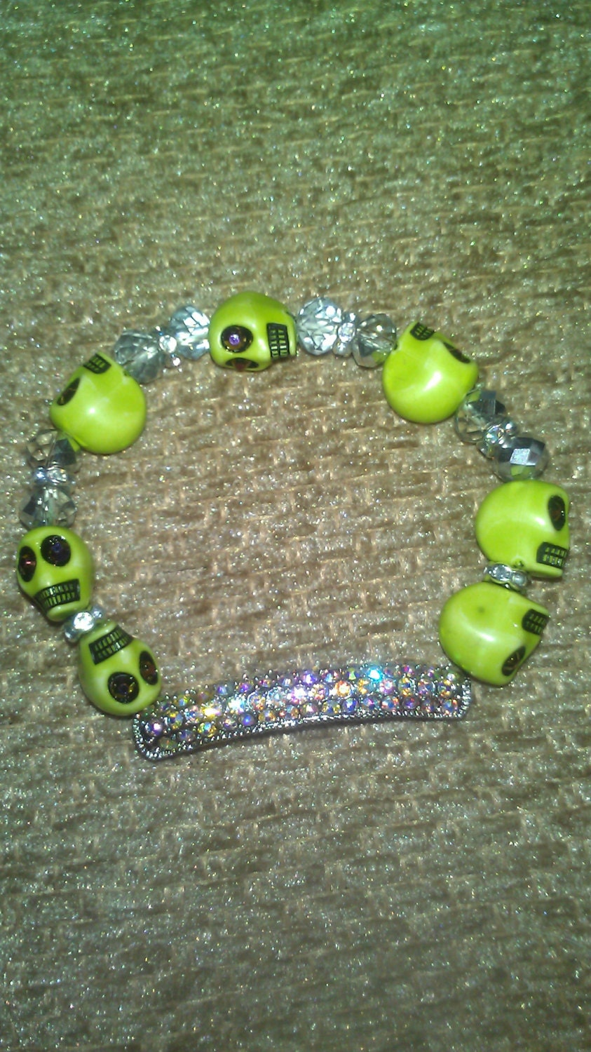 FREE SHIPPING Pave AB Rhinestone Bar Skull with Swarovski Eyes Beaded Bracelet
