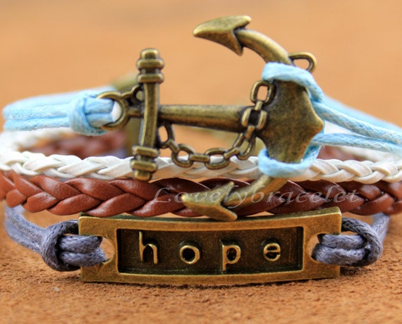 Antique bronze charm bracelets, bracelet, anchor and hope brown white leather, gift and blessing of bracelets