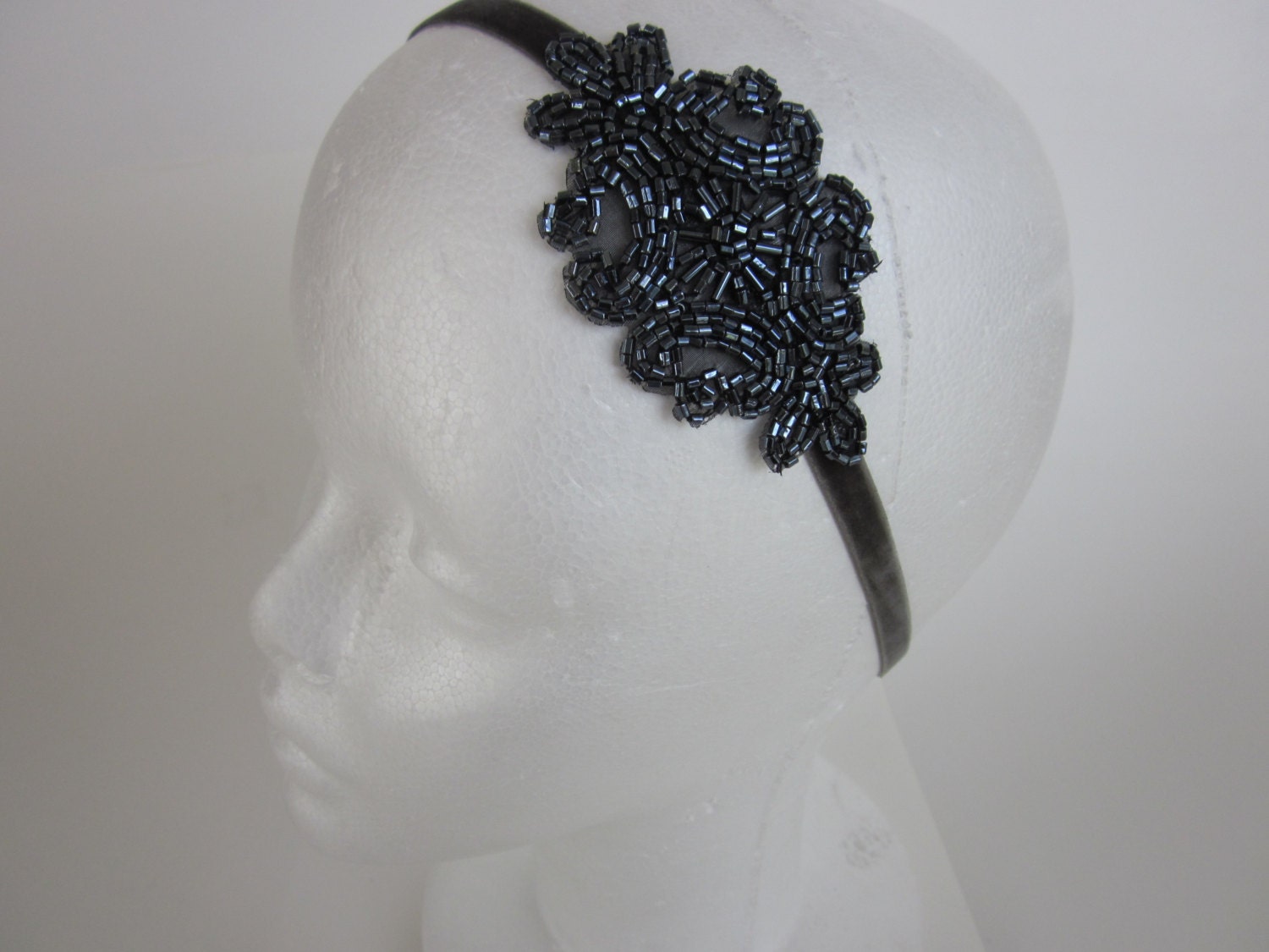 1920s Style Great Gatsby Headband Dark Gray Pewter Charcoal Art Deco beading Fascinator