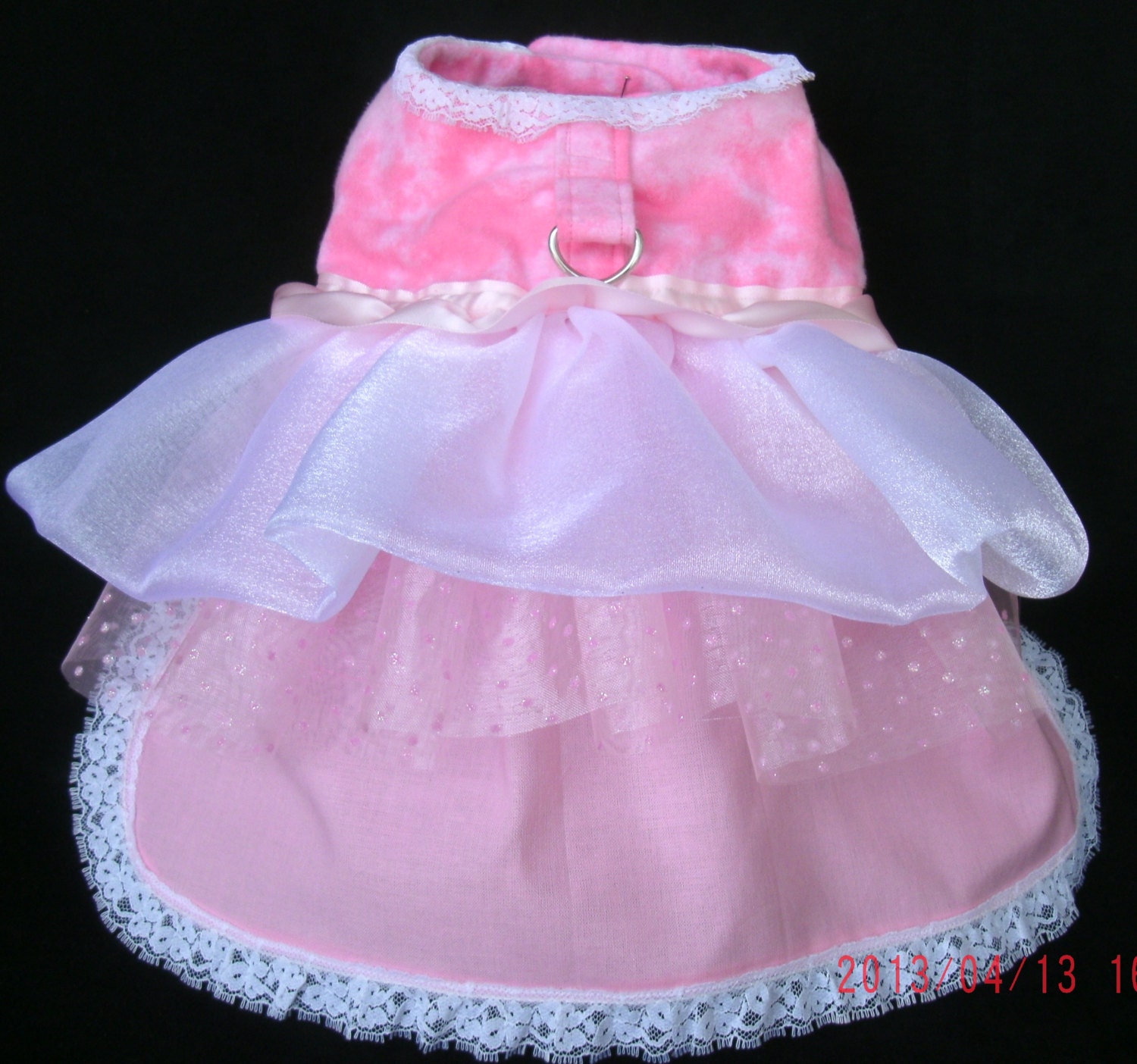 Dog Clothes Pink Party Prom Pet Dress Layered with Pink and White Satin Lace and Tulle Ruffle Tutu. Pet Clothing