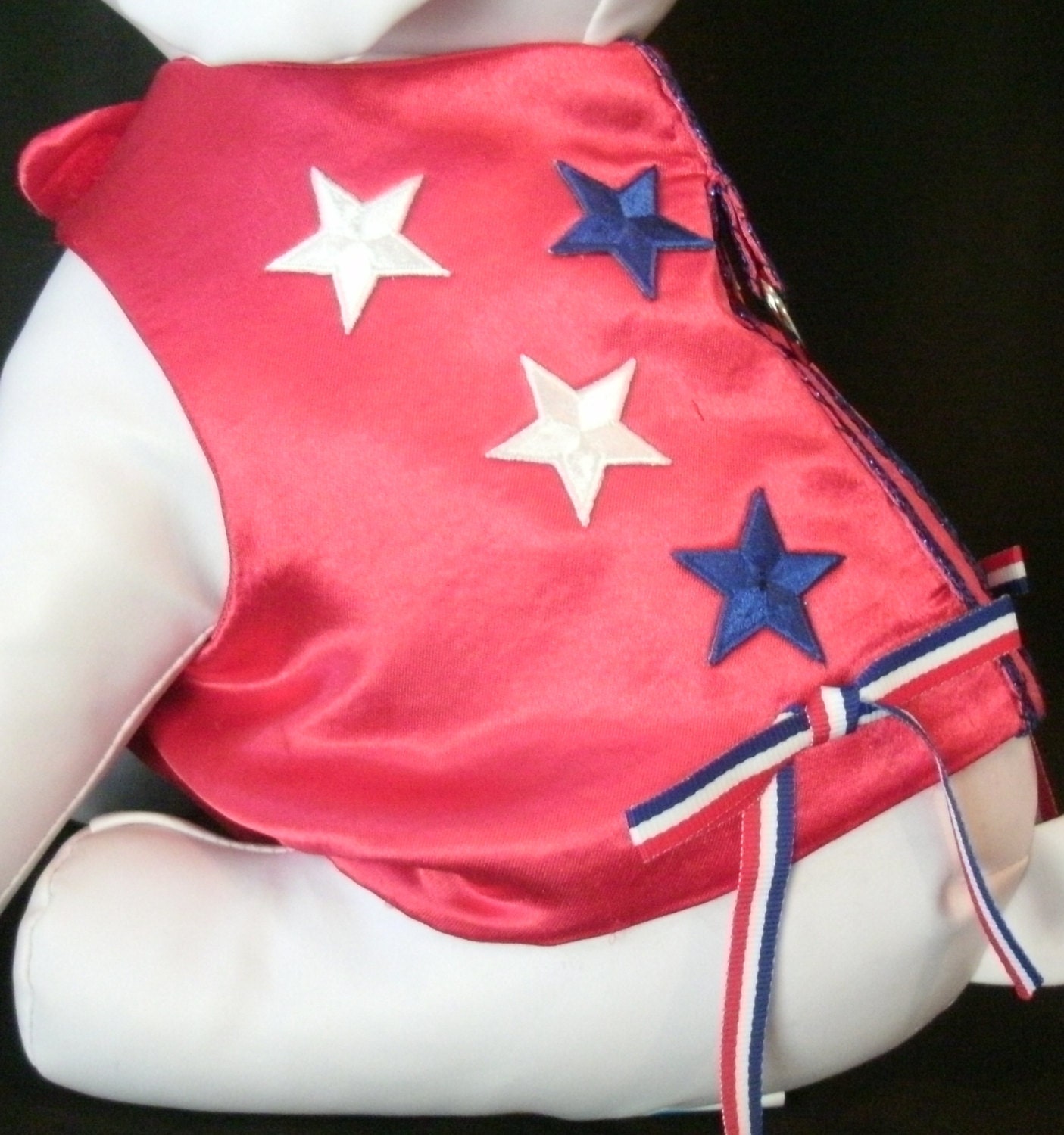 Dog Clothes 4th of July Pet Harness Red White and Blue on Red Satin Patriotic Pet Harness Independance Day Costume for your small pet.