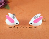 Pretty Rabbit Earrings,Dangle Earrings,White Bunny pendant has pink ears