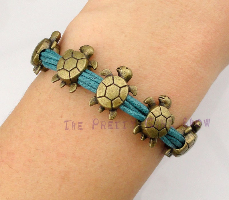 Handmade  five longevity turtles  Charm Bracelet in Bronze-Wax Cords -Choose Your Favourite Color -Customize Your Own Style-Friendship Gift